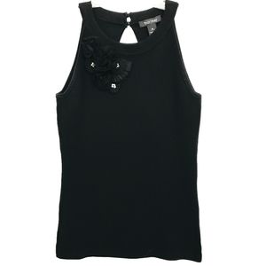 White House Black Market  Dressy Black Knit Halter Tank Top /3d Floral At Neck